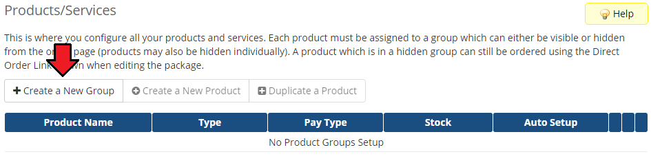 EasyDCIM Colocation V1.X For WHMCS: Products/Services page with the Create a New Group button