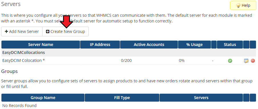 EasyDCIM Colocation V1.X For WHMCS: Servers list with the new server and Create New Group button