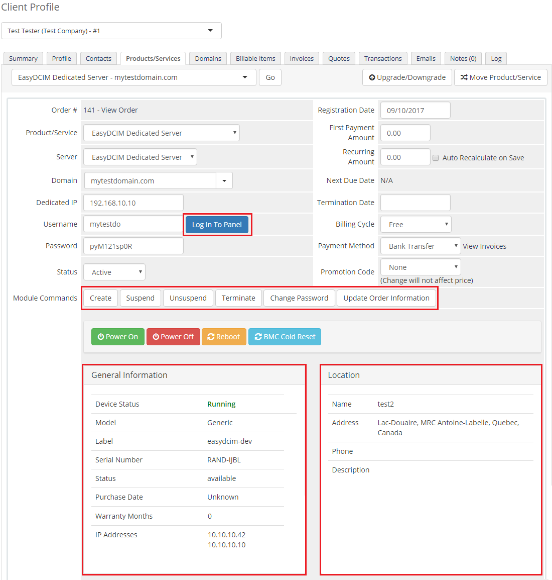EasyDCIM Dedicated Servers V1.X For WHMCS: admin client product page with module commands and server information