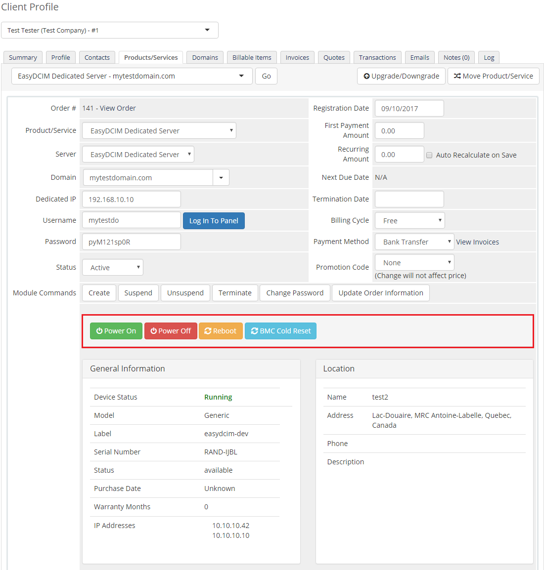 EasyDCIM Dedicated Servers V1.X For WHMCS: admin product page with Power On, Power Off, Reboot, BMC Cold Reset