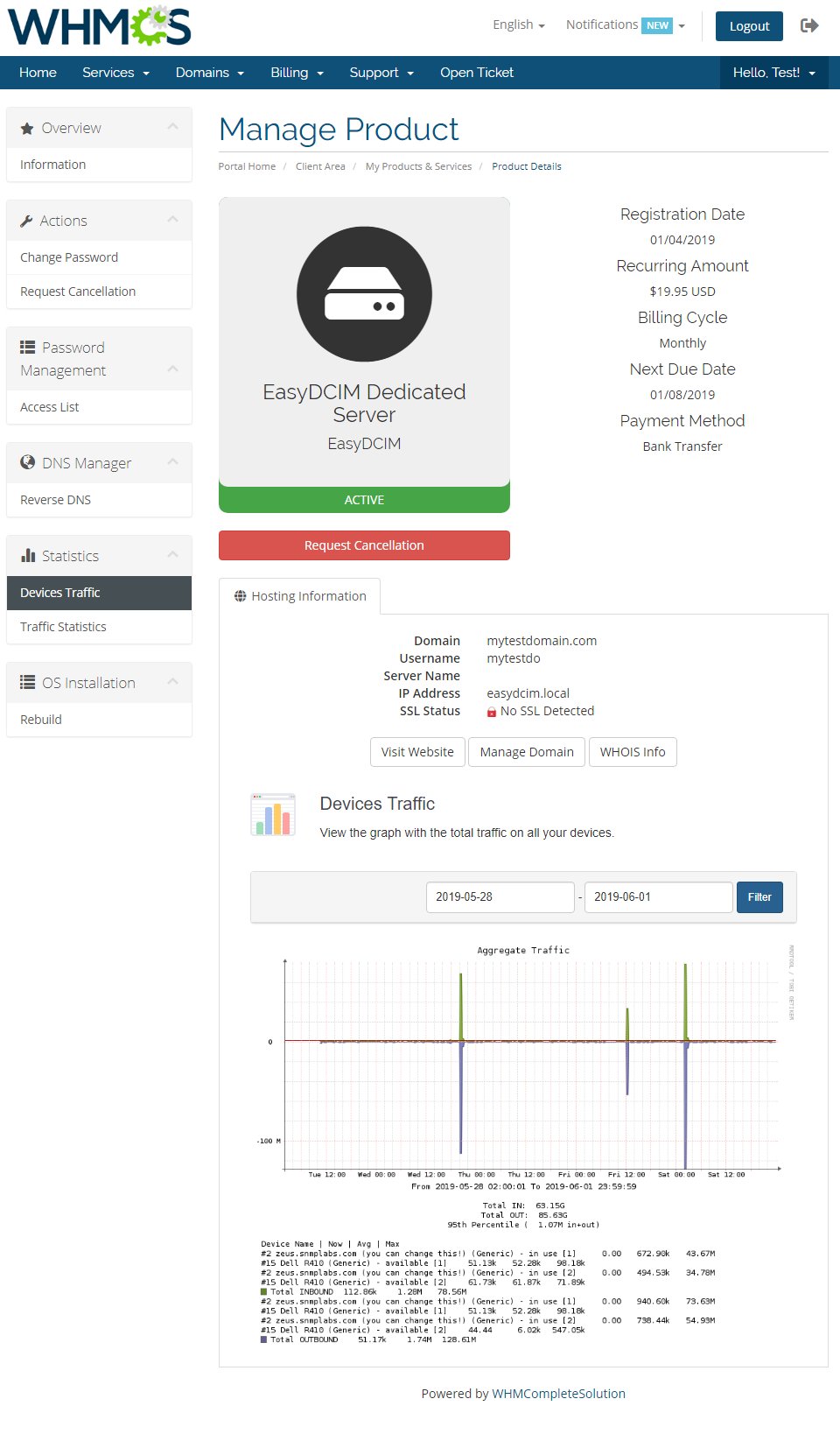 EasyDCIM Dedicated Servers V1.X For WHMCS: client area Devices Traffic page with date filter and aggregate traffic graph