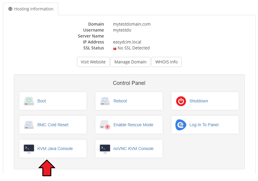 EasyDCIM Dedicated Servers V1.X For WHMCS: client area Control Panel with the KVM Java Console button highlighted
