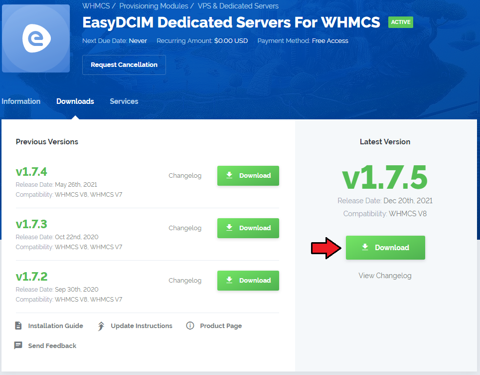 EasyDCIM Dedicated Servers V1.X For WHMCS: module download page in the client area with the Download button