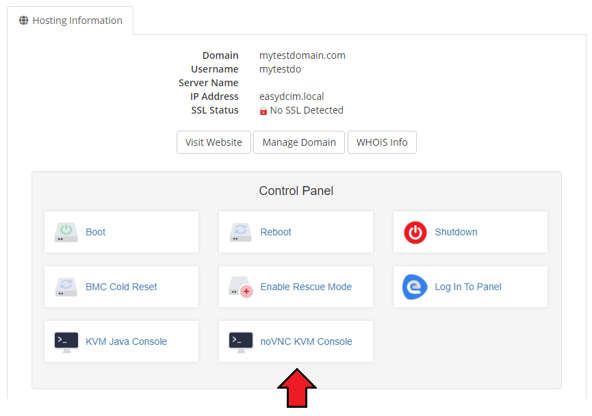 EasyDCIM Dedicated Servers V1.X For WHMCS: client area Control Panel with the noVNC KVM Console button highlighted