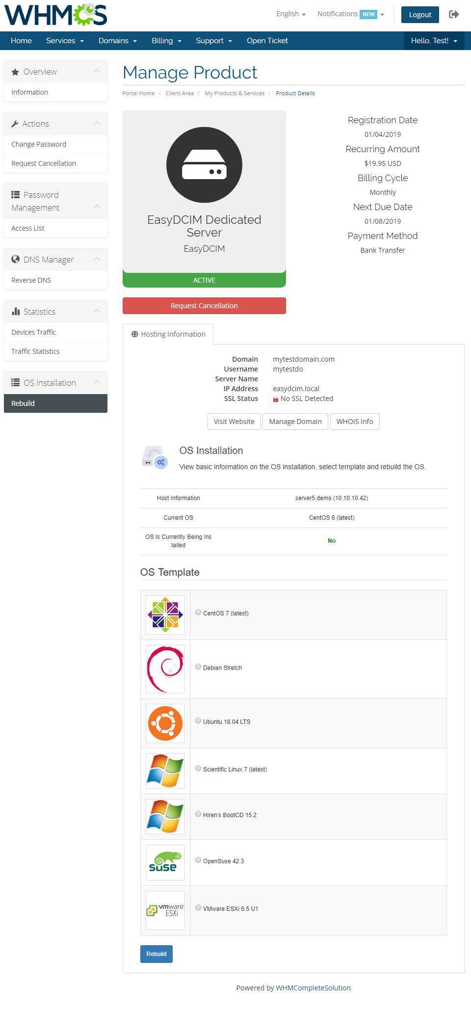 EasyDCIM Dedicated Servers V1.X For WHMCS: client area OS Installation with template list and Rebuild button