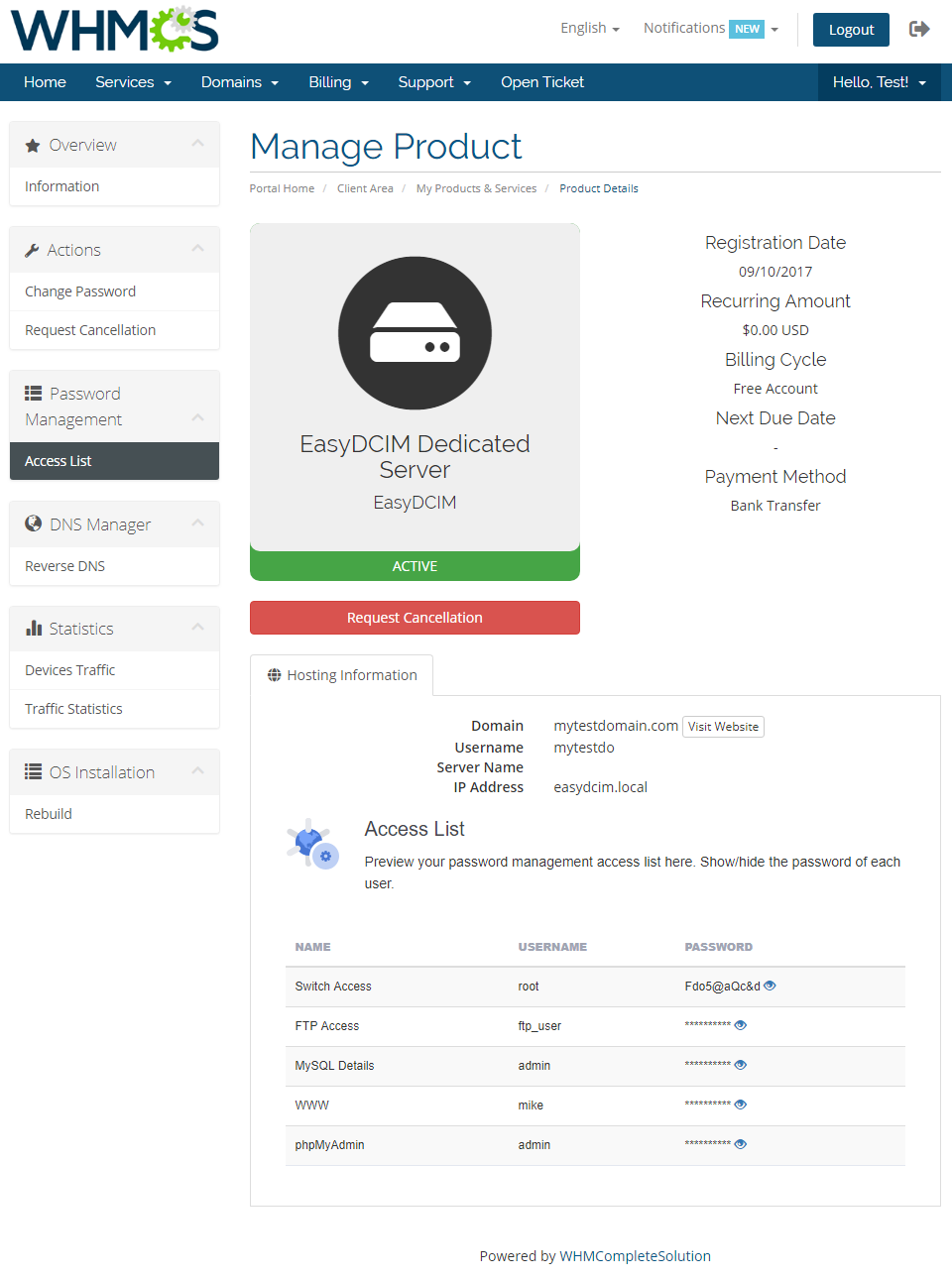EasyDCIM Dedicated Servers V1.X For WHMCS: client area Password Management Access List with stored passwords