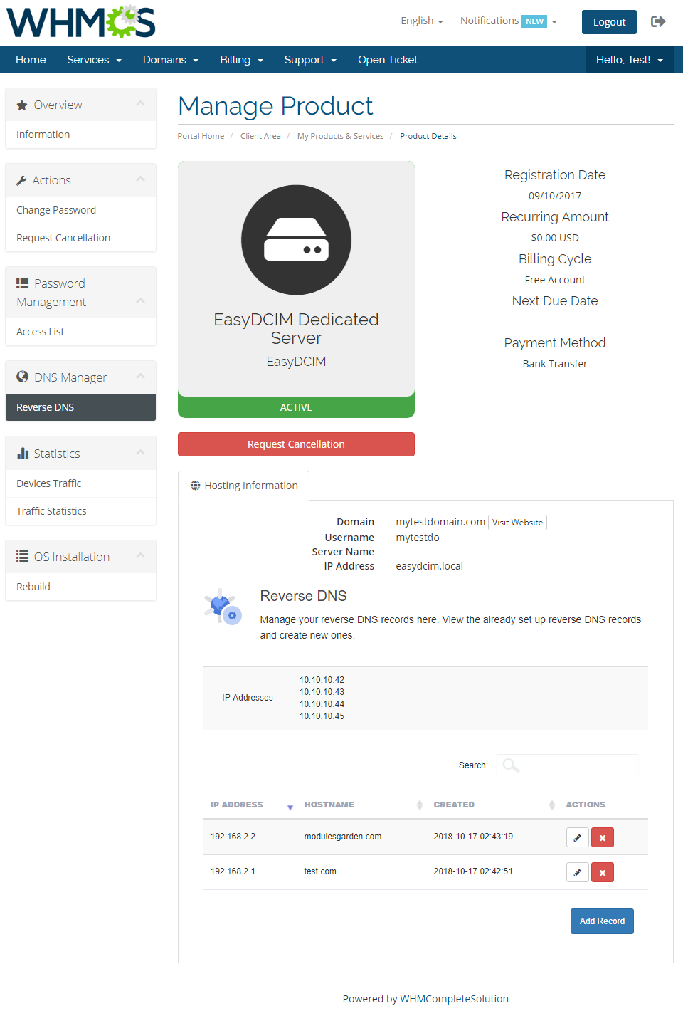 EasyDCIM Dedicated Servers V1.X For WHMCS: client area Reverse DNS records list with Add Record button