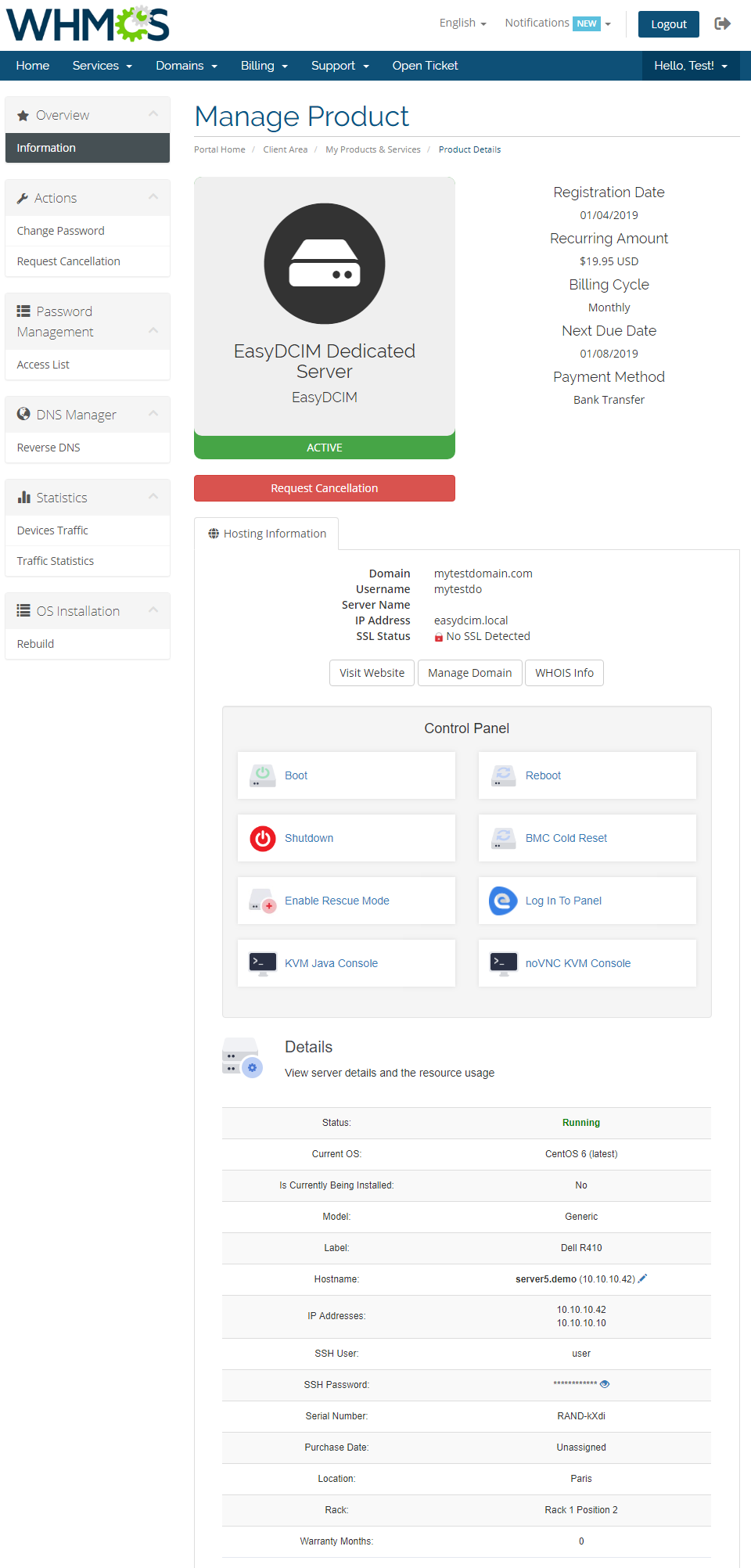 EasyDCIM Dedicated Servers V1.X For WHMCS: client area product page with Control Panel actions and server details