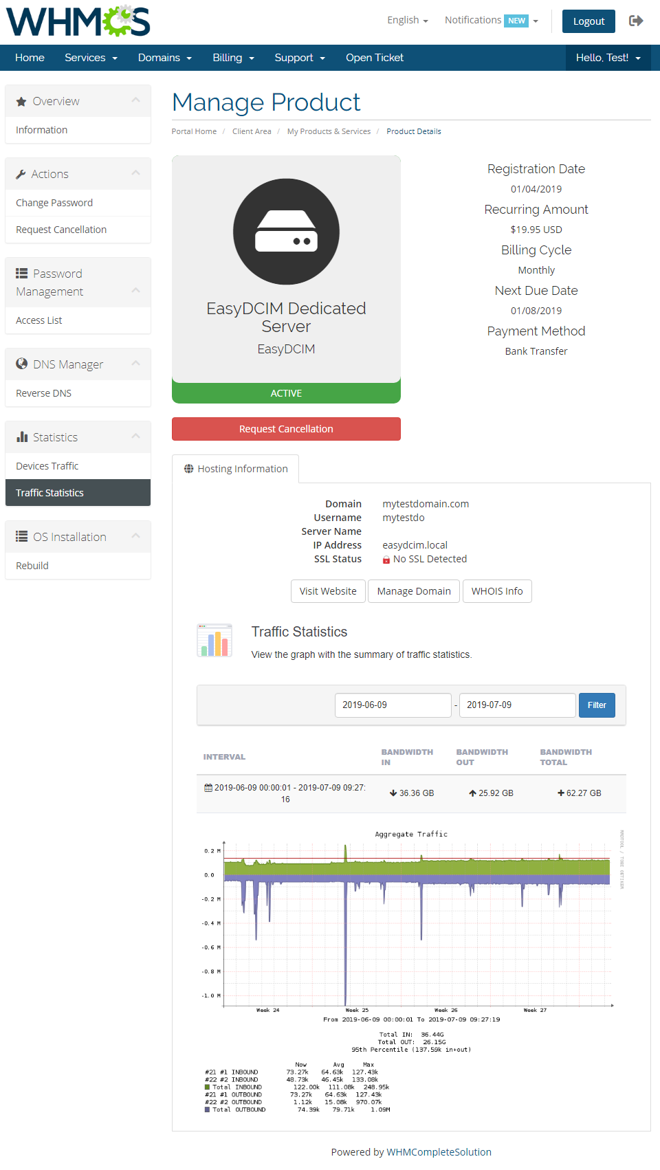 EasyDCIM Dedicated Servers V1.X For WHMCS: client area Traffic Statistics with date filter, table and graph