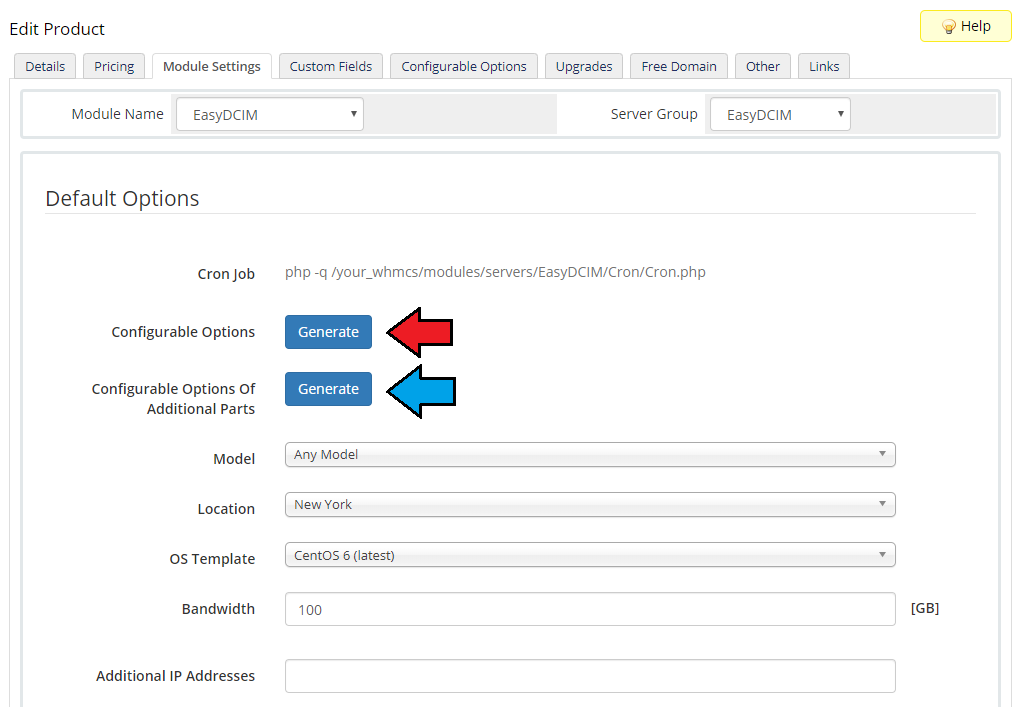 EasyDCIM Dedicated Servers V1.X For WHMCS: product Module Settings with Generate buttons for configurable options