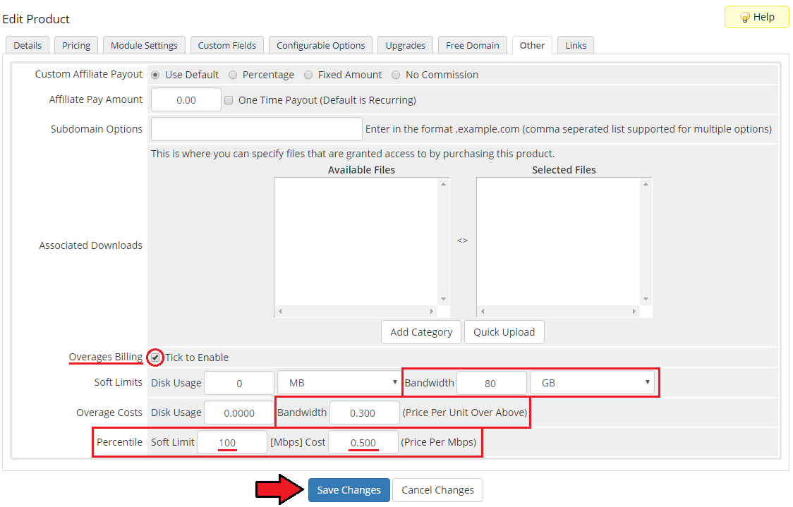 EasyDCIM Dedicated Servers V1.X For WHMCS: product Other tab with overages billing and percentile billing settings