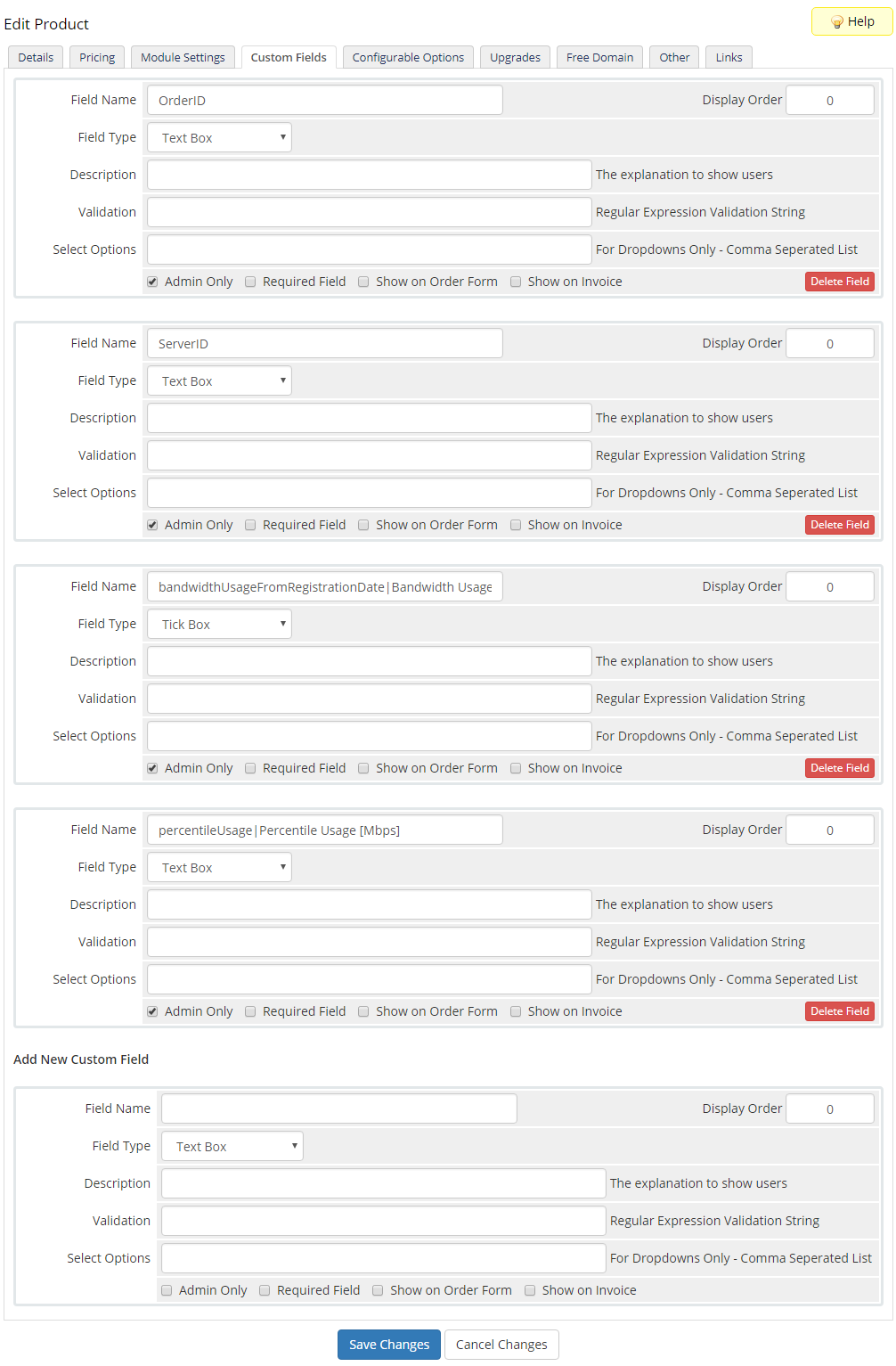 EasyDCIM Dedicated Servers V1.X For WHMCS: product Custom Fields tab with OrderID, ServerID and usage fields