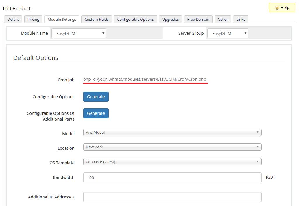 EasyDCIM Dedicated Servers V1.X For WHMCS: product Module Settings tab with the EasyDCIM cron job command