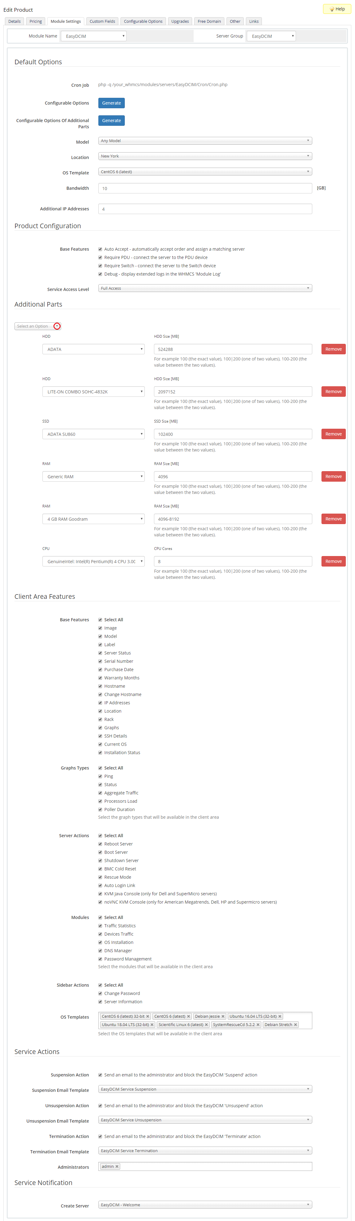 EasyDCIM Dedicated Servers V1.X For WHMCS: product Module Settings tab with options, additional parts and client