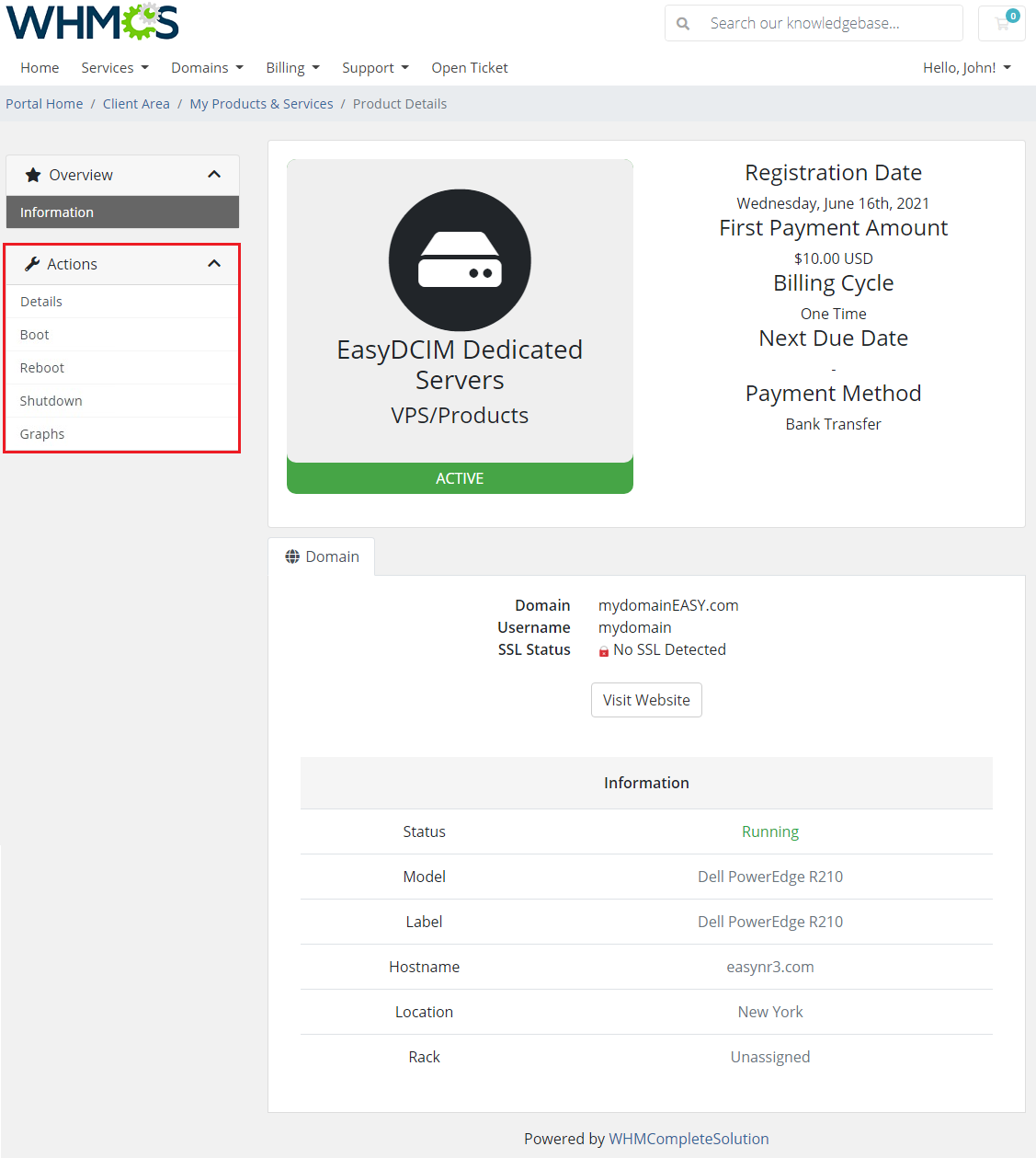 EasyDCIM Dedicated Servers V1.X For WHMCS: reseller client area Actions menu with server information