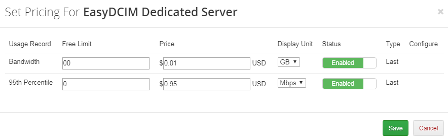 EasyDCIM Dedicated Servers V1.X For WHMCS: Set Pricing dialog with bandwidth and 95th percentile prices
