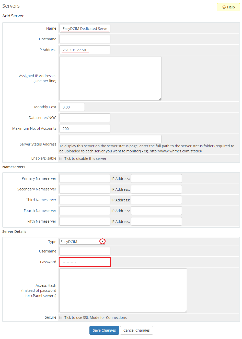 EasyDCIM Dedicated Servers V1.X For WHMCS: WHMCS Add Server form with EasyDCIM type and password fields