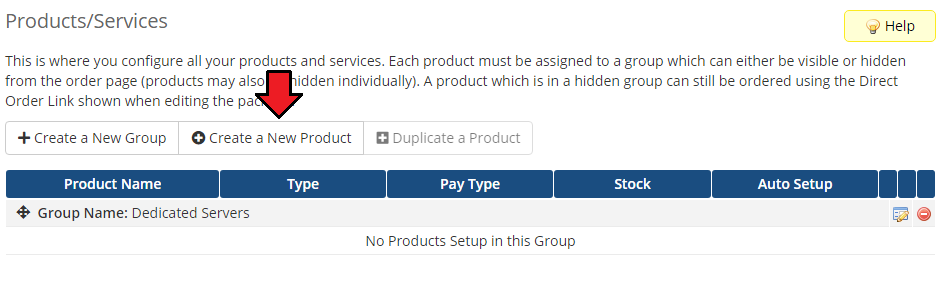EasyDCIM Dedicated Servers V1.X For WHMCS: WHMCS product group page with the Create a New Product button