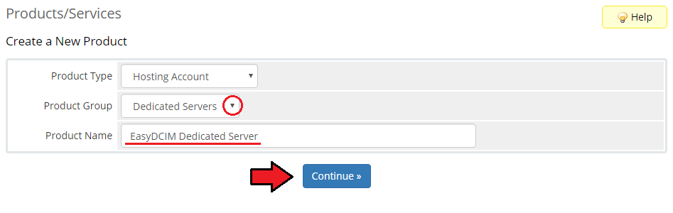 EasyDCIM Dedicated Servers V1.X For WHMCS: WHMCS Create a New Product form with group and name