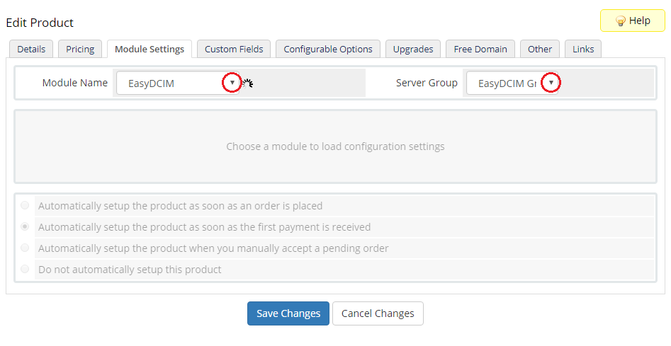 EasyDCIM Dedicated Servers V1.X For WHMCS: WHMCS product Module Settings tab with EasyDCIM module and server group