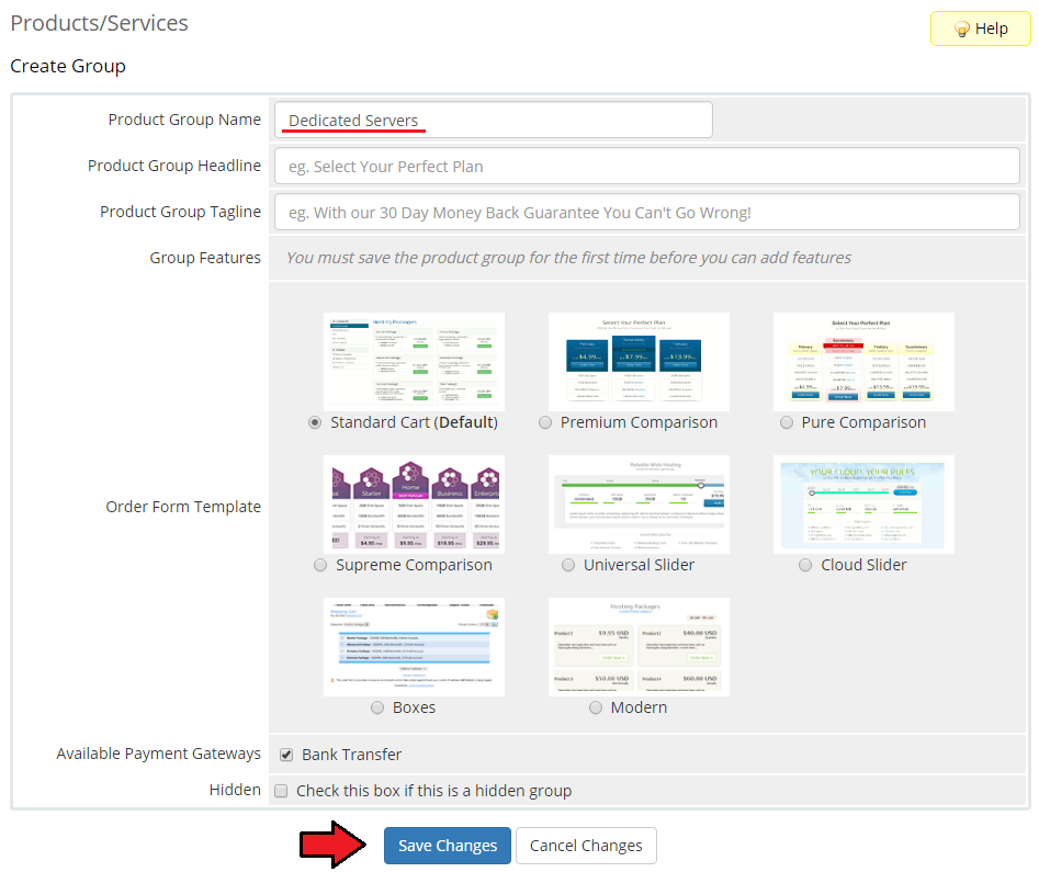 EasyDCIM Dedicated Servers V1.X For WHMCS: WHMCS Create Group form with product group name