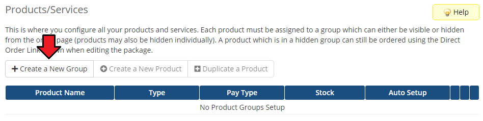 EasyDCIM Dedicated Servers V1.X For WHMCS: WHMCS Products/Services page with Create a New Group button