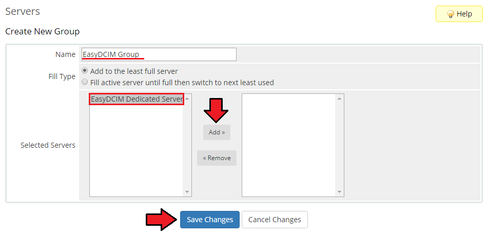EasyDCIM Dedicated Servers V1.X For WHMCS: WHMCS Create New Group form with the EasyDCIM server added