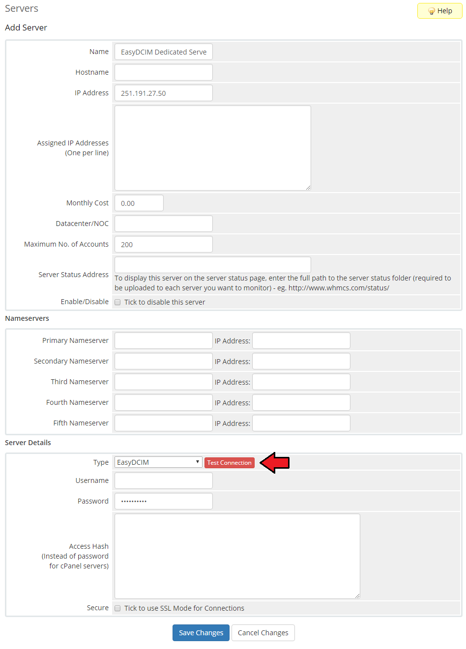 EasyDCIM Dedicated Servers V1.X For WHMCS: WHMCS Add Server form with the Test Connection button
