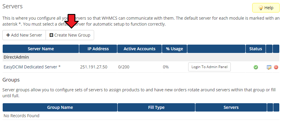 EasyDCIM Dedicated Servers V1.X For WHMCS: WHMCS Servers list with the Create New Group button