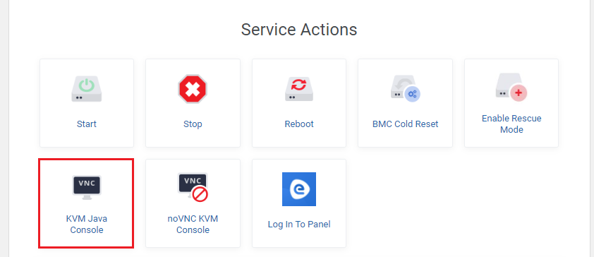 EasyDCIM Dedicated Servers V2.X For WHMCS: client area Service Actions with the KVM Java Console button highlighted