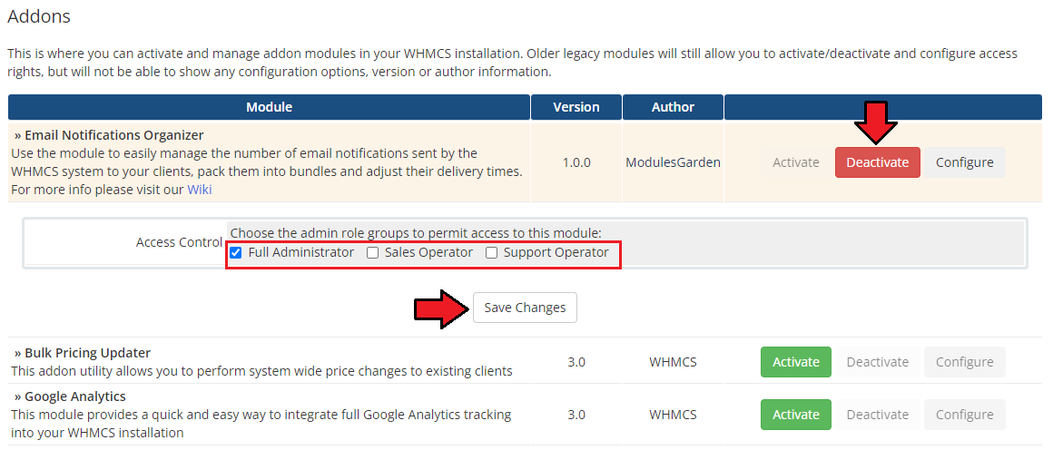 Email Notifications Organizer For WHMCS: Addon Modules access control with Full Administrator ticked and Save Changes