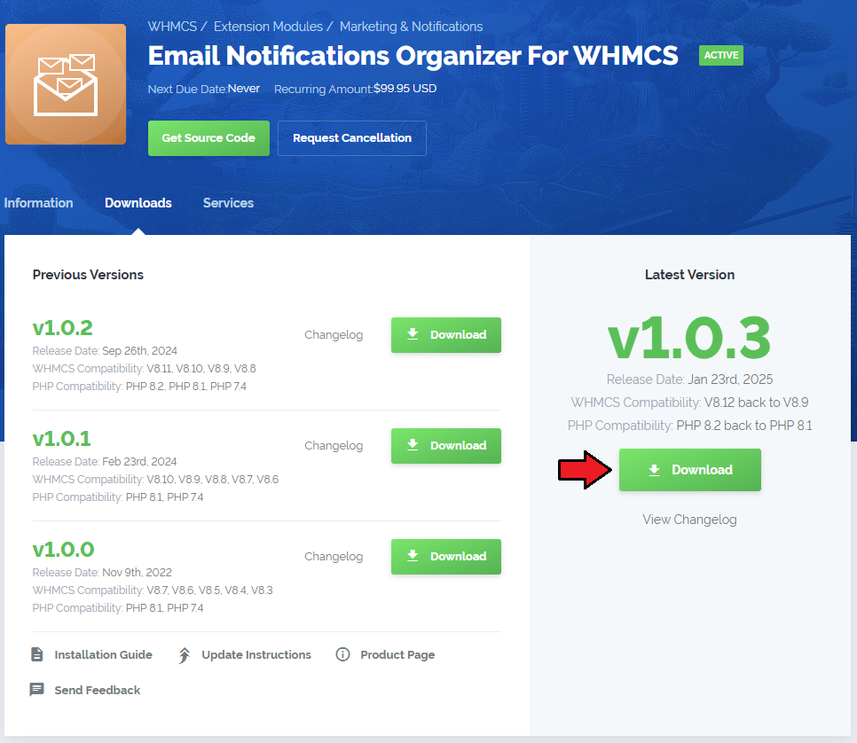 Email Notifications Organizer For WHMCS: client area Downloads tab with the Download button for the latest module