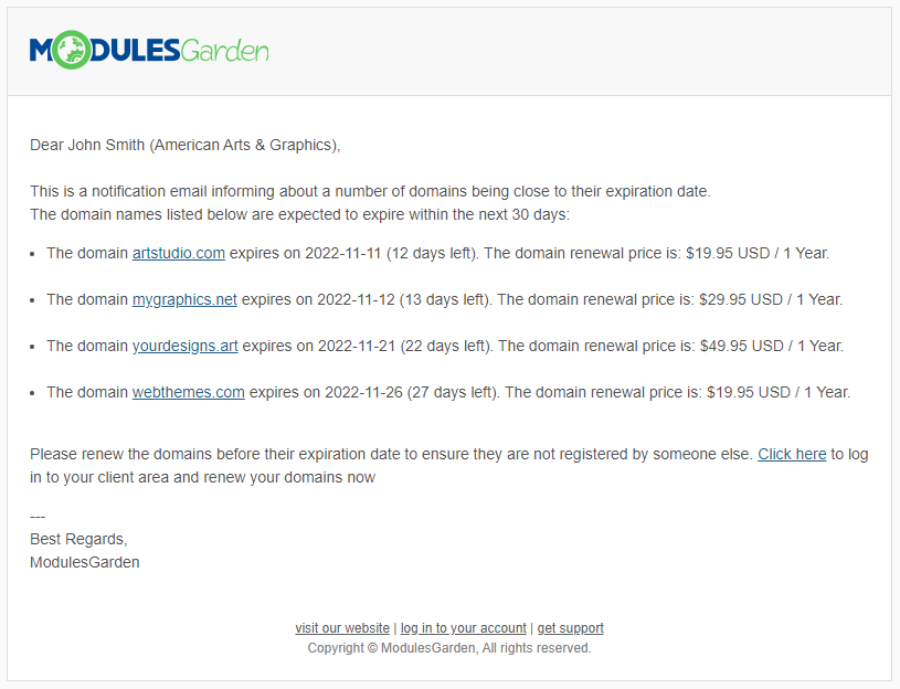 Email Notifications Organizer For WHMCS: example client email listing domains about to expire with renewal prices