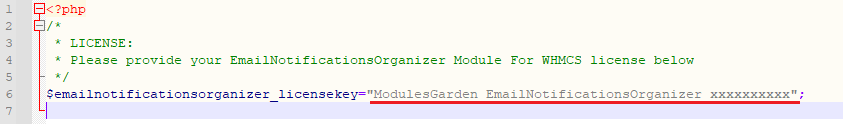Email Notifications Organizer For WHMCS: license.php file open in an editor with the license key line highlighted