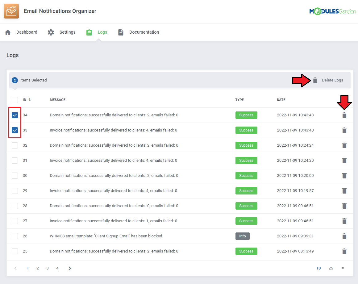 Email Notifications Organizer For WHMCS: Logs tab with delivery log entries, selected rows and Delete Logs button