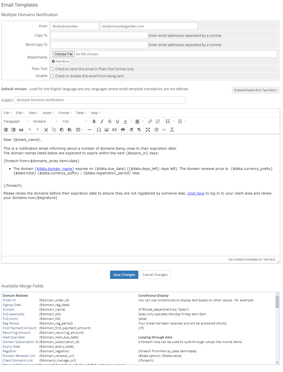 Email Notifications Organizer For WHMCS: WHMCS email template editor for the Multiple Domains Notification template
