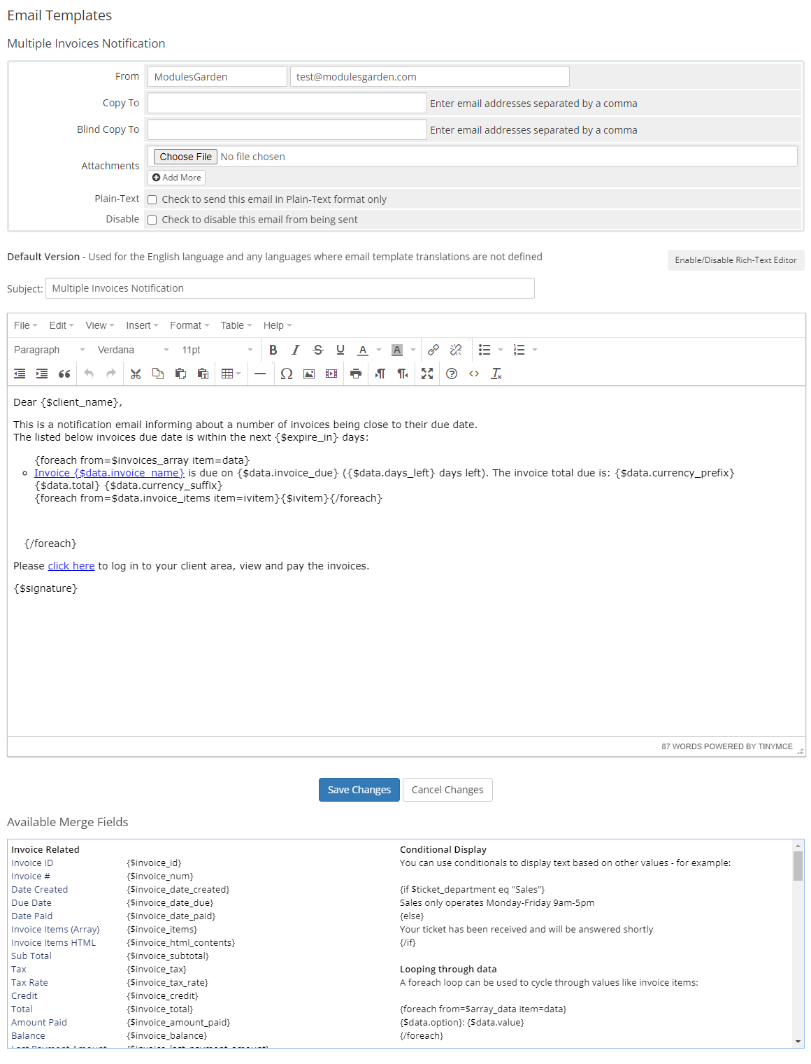 Email Notifications Organizer For WHMCS: WHMCS email template editor for the Multiple Invoices Notification template