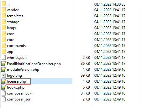 Email Notifications Organizer For WHMCS: module files in a file manager with license.php to be renamed