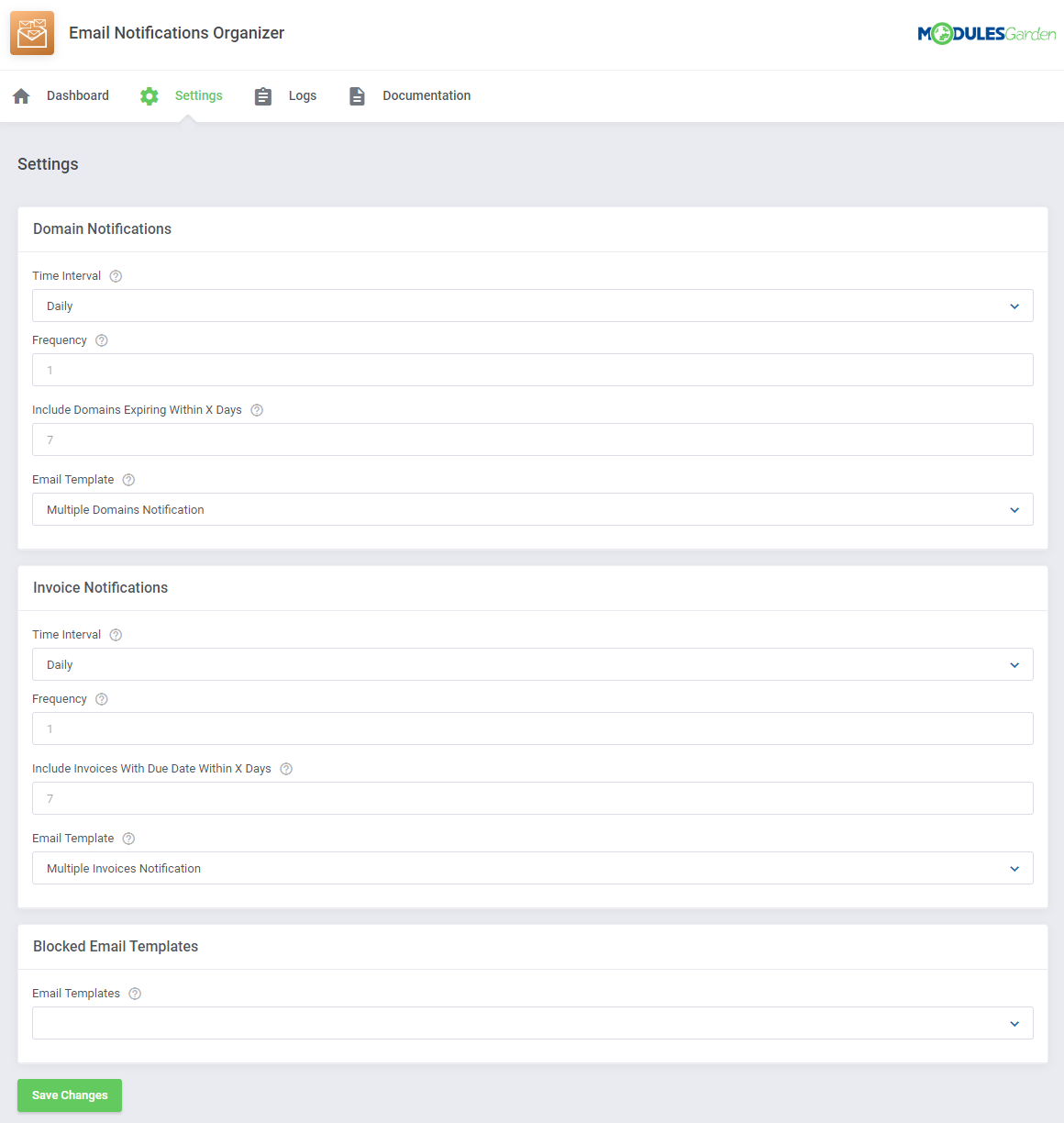 Email Notifications Organizer For WHMCS: Settings tab with Domain, Invoice and Blocked Email Templates sections