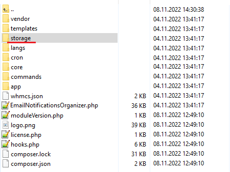 Email Notifications Organizer For WHMCS: module folder listing with the storage folder highlighted