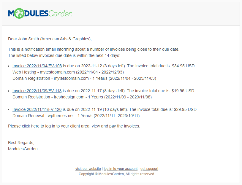Email Notifications Organizer For WHMCS: example client email listing unpaid invoices with due dates and totals