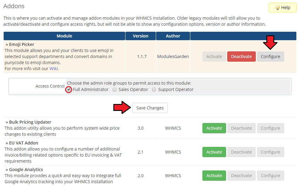 Emoji Picker For WHMCS: Addon Modules access control with Full Administrator ticked and Save Changes