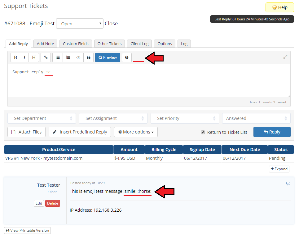 Emoji Picker For WHMCS: WHMCS admin ticket reply form without the emoji picker, messages shown as emoji codes