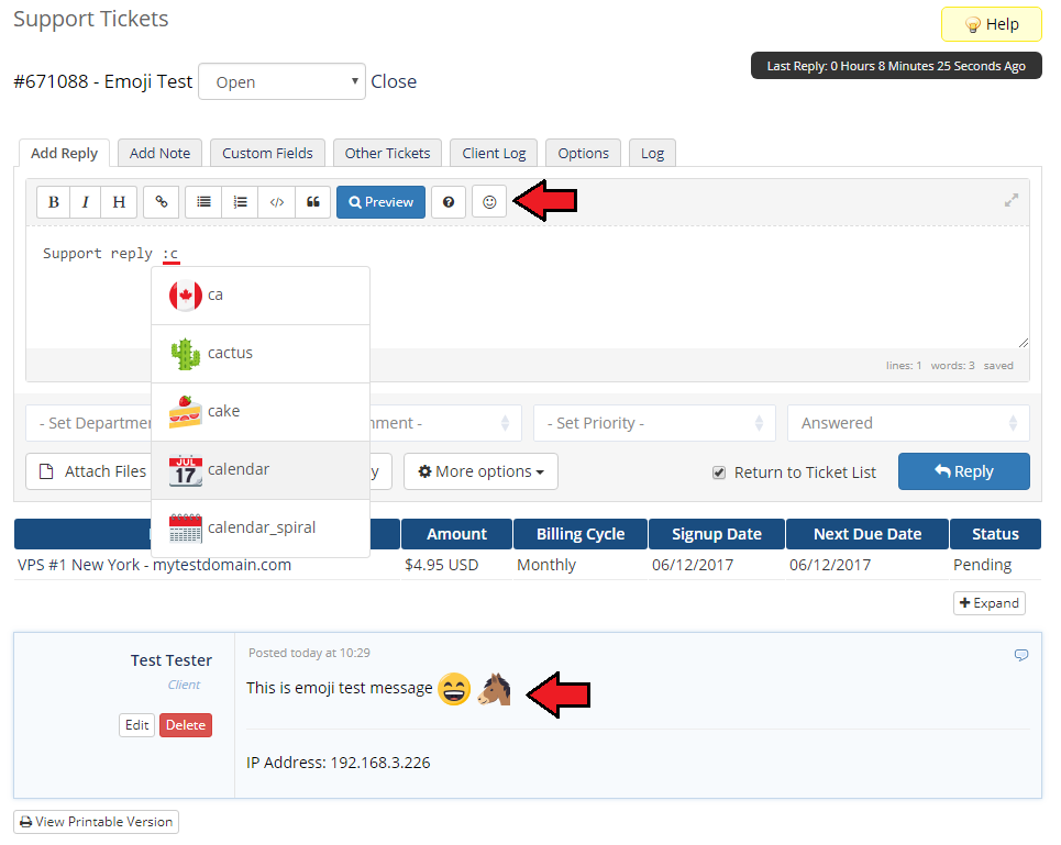 Emoji Picker For WHMCS: WHMCS admin ticket reply form with the emoji suggestions popup and picker button