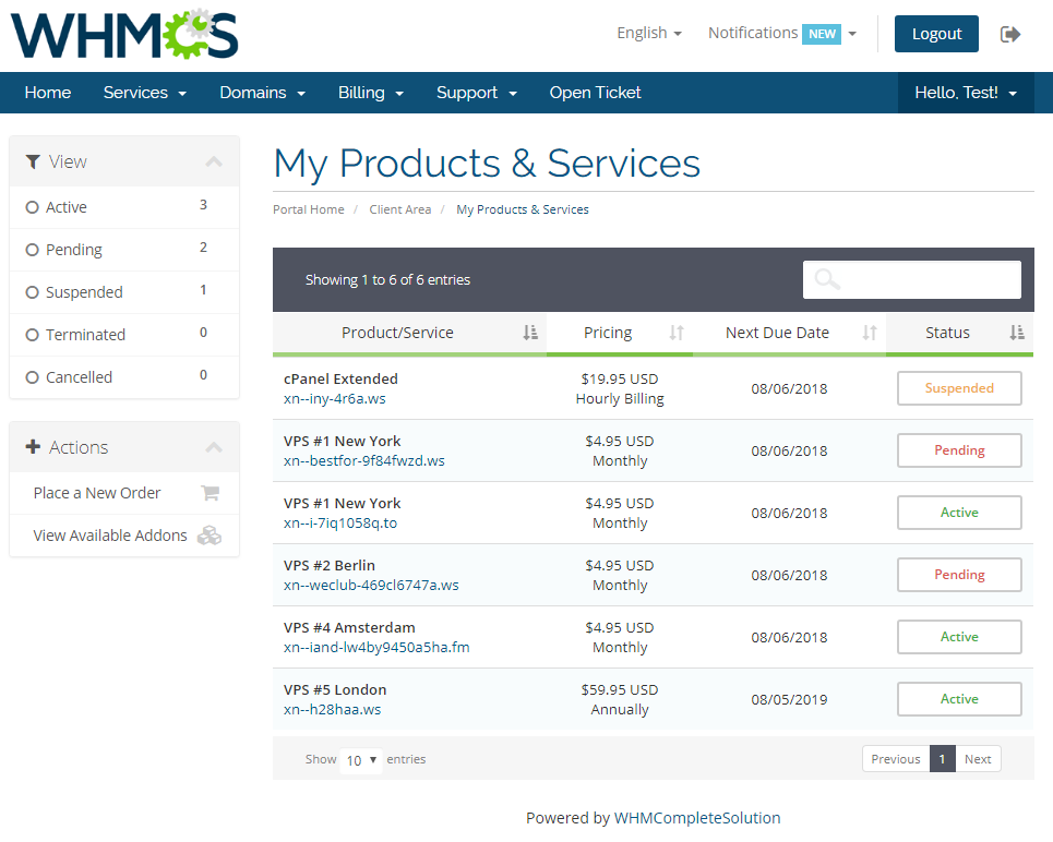 Emoji Picker For WHMCS: client area My Products & Services list with domains shown in Punycode format