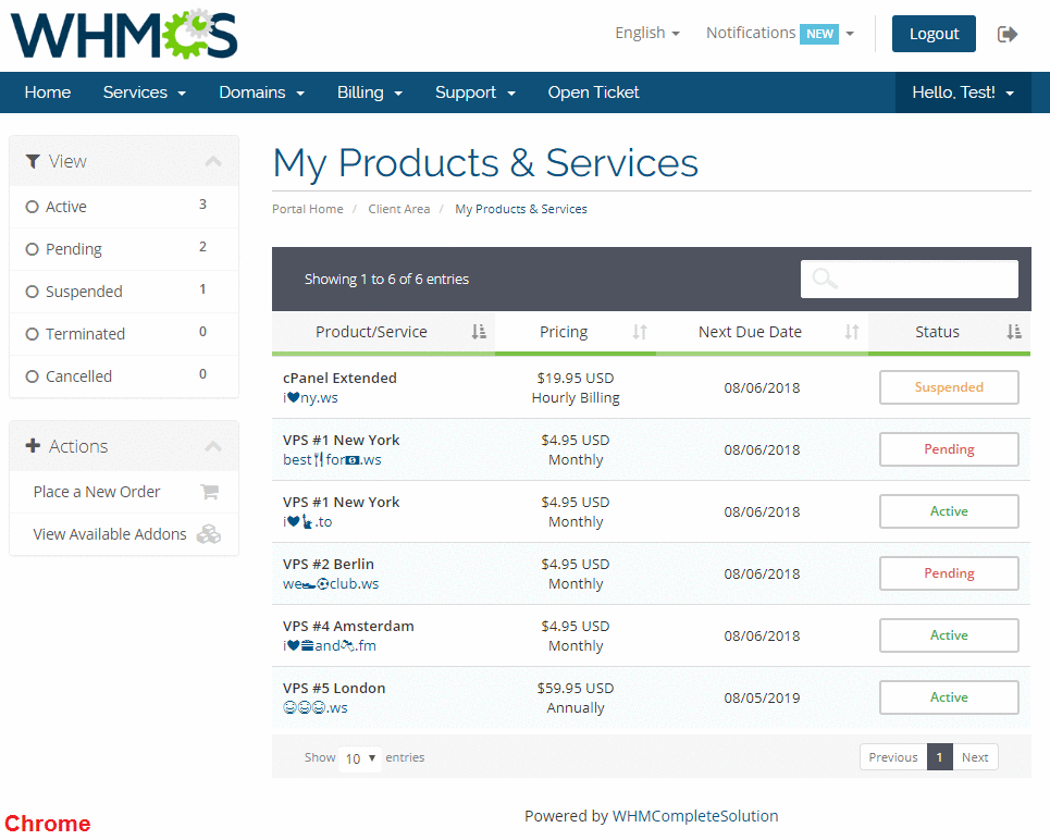 Emoji Picker For WHMCS: client area My Products & Services list with domains displayed as emoji in Chrome