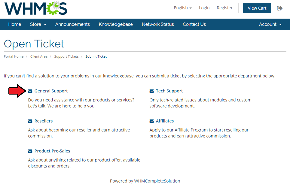 Emoji Picker For WHMCS: WHMCS client area Open Ticket page with the support department list