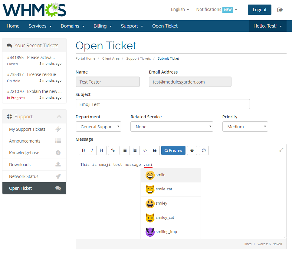 Emoji Picker For WHMCS: client area ticket form with an emoji name typed and a suggestions popup