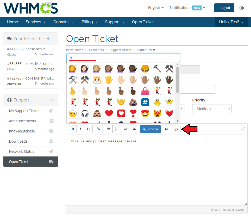 Emoji Picker For WHMCS: client area ticket editor with the emoji picker window open and its button highlighted