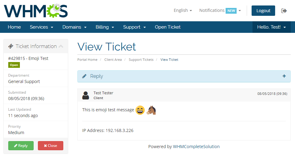 Emoji Picker For WHMCS: client area View Ticket page showing the message with emoji artworks